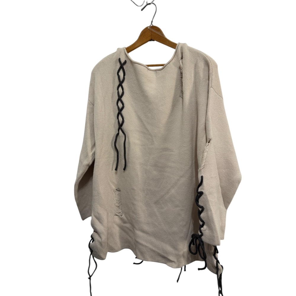 Distressed‎ Lace Up Knit Sweater Women Beige Casual Streetwear Oversized